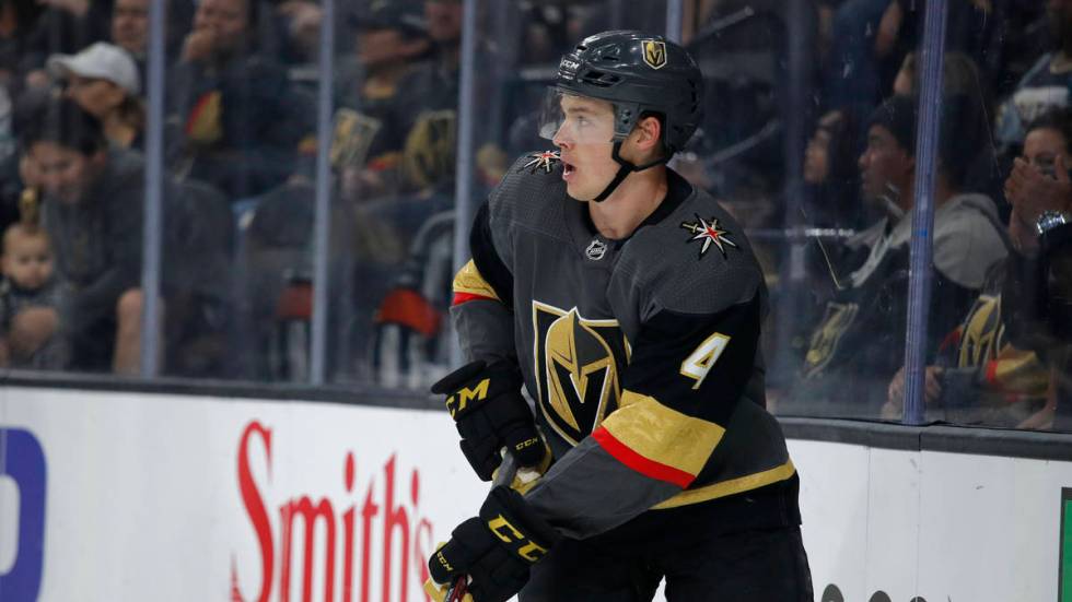 Vegas Golden Knights defenseman Jimmy Schuldt (4) plays against the San Jose Sharks during an N ...