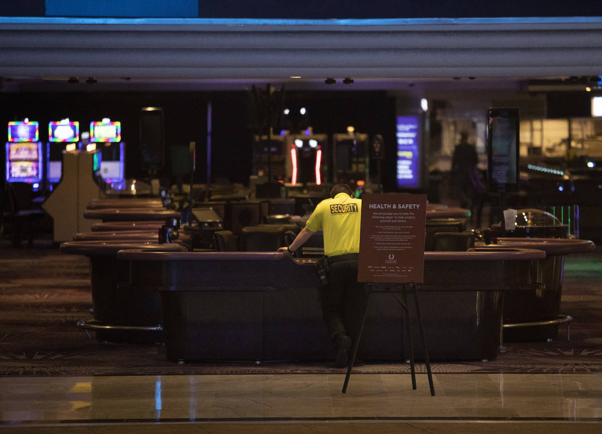 A security guard watches over the LINQ on the Las Vegas Strip on Tuesday, March 17, 2020, in La ...
