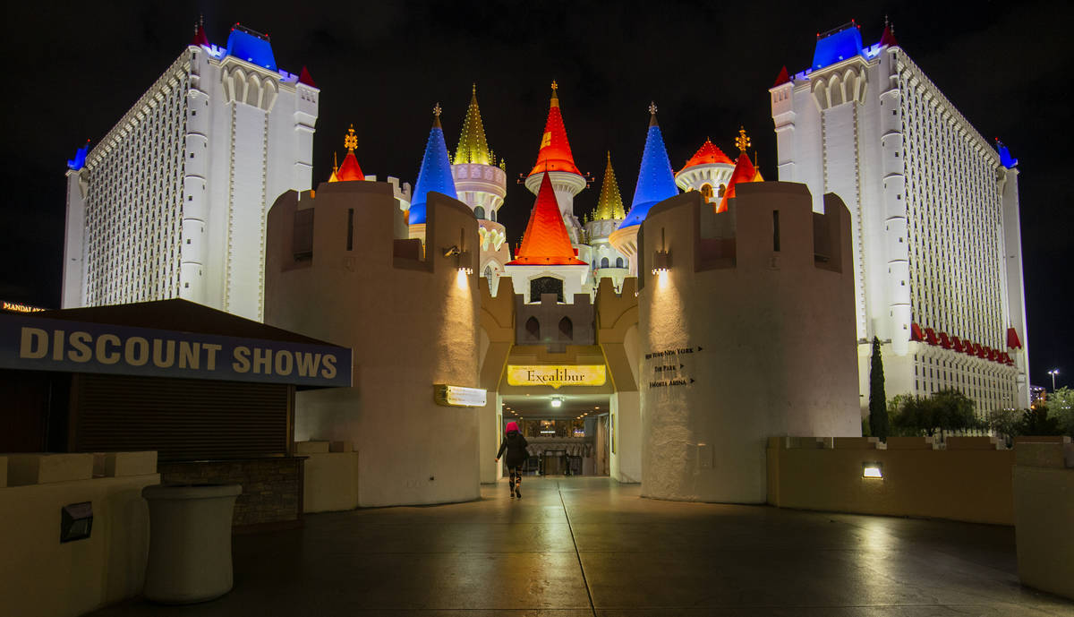 A lone traveler walks toward the Excalibur as nonessential business closures continue on the La ...