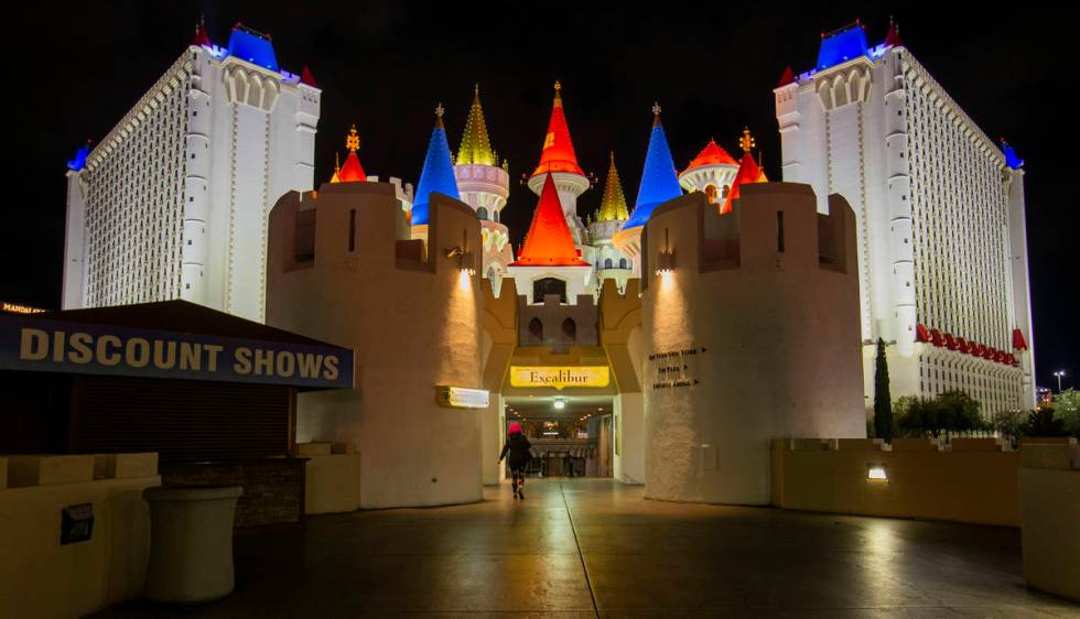 A lone traveler walks toward the Excalibur as nonessential business closures continue on the La ...