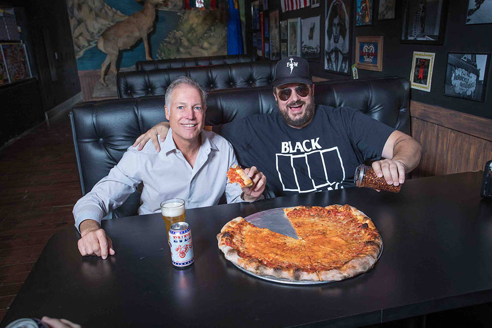 Kelly Knievel, left, and Branden Powers at Evel Pie in downtown Las Vegas. (Shane O'Neal)