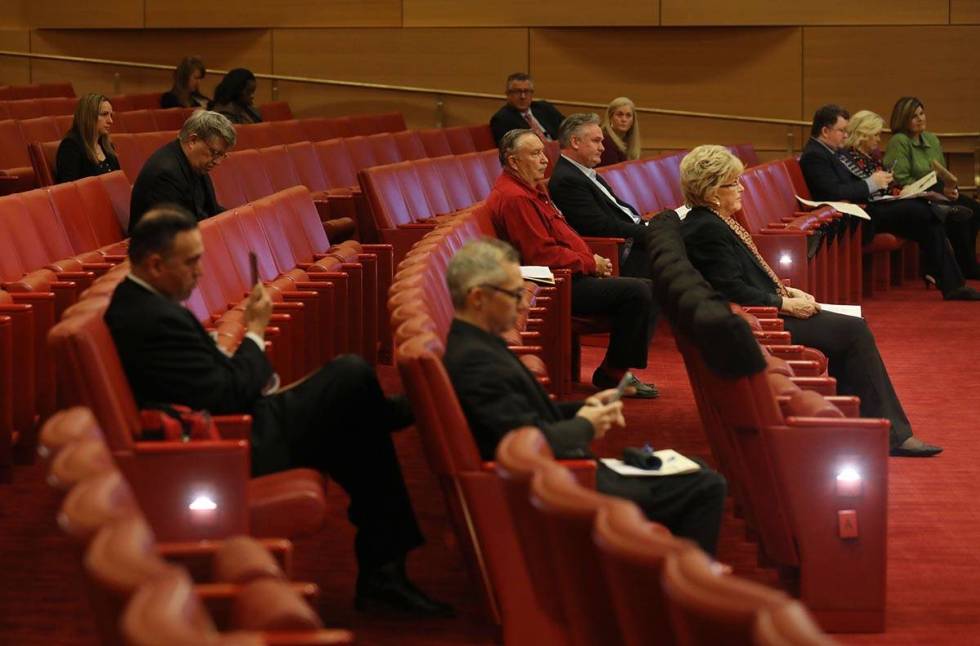 Las Vegas Mayor Carolyn Goodman waits in the front row to deliver a public statement during a p ...