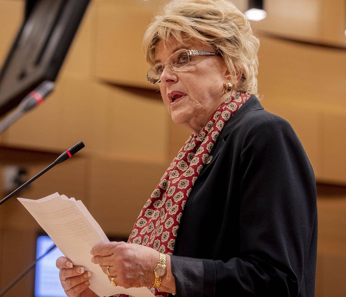 Las Vegas Mayor Carolyn Goodman delivers a public statement during a public meeting at the Las ...