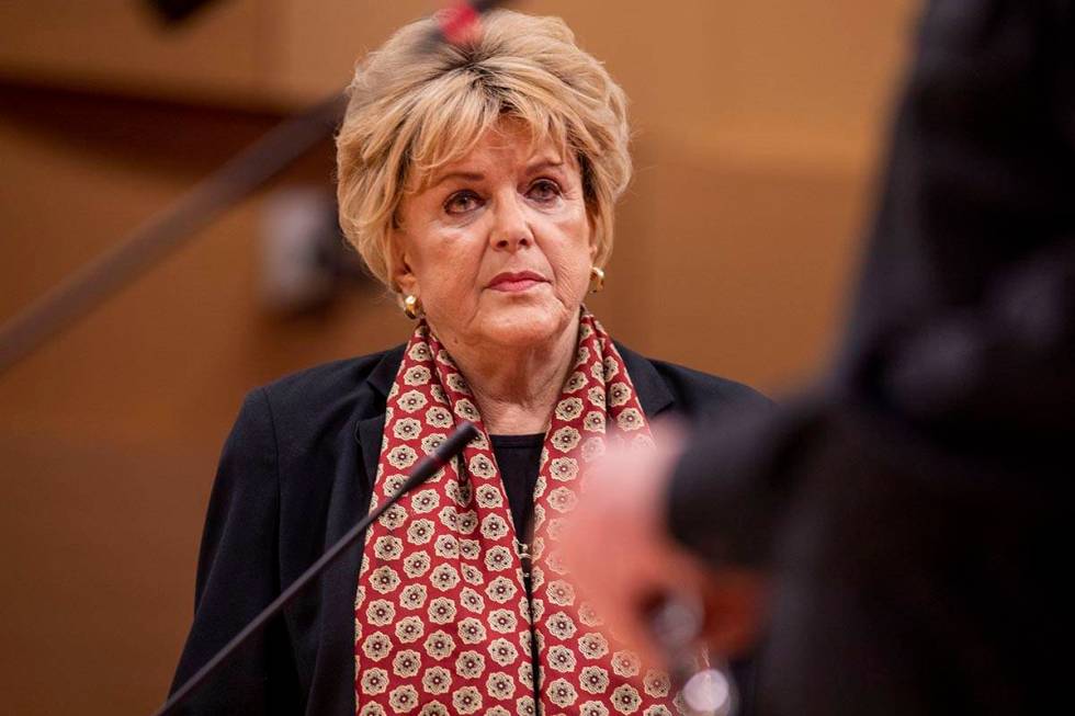 Las Vegas Mayor Carolyn Goodman listens as City Attorney for Las Vegas Brad Jerbic delivers a p ...