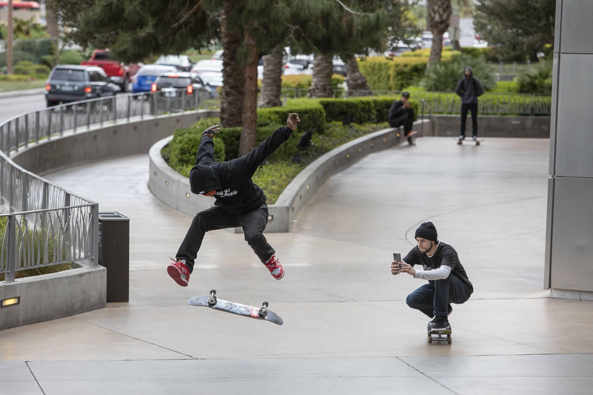Skateboarders took advantage of the empty Strip on Wednesday, March 18, 2020, in Las Vegas. (El ...