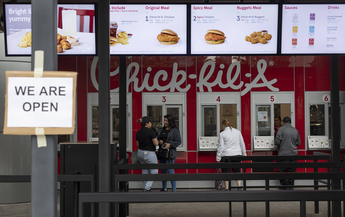 Chick-fil-A remains open on the Strip on Wednesday, March 18, 2020, in Las Vegas. (Ellen Schmid ...
