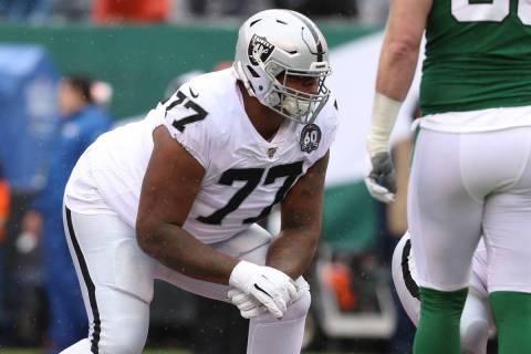 Oakland Raiders offensive tackle Trent Brown (77) sets on the line scrimmage opposite New York ...