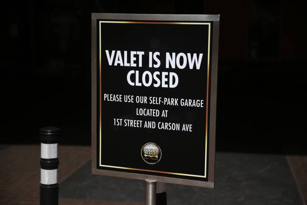 A sign at the closed Golden Nugget casino-hotel in Las Vegas, Thursday, March 19, 2020. (Erik V ...