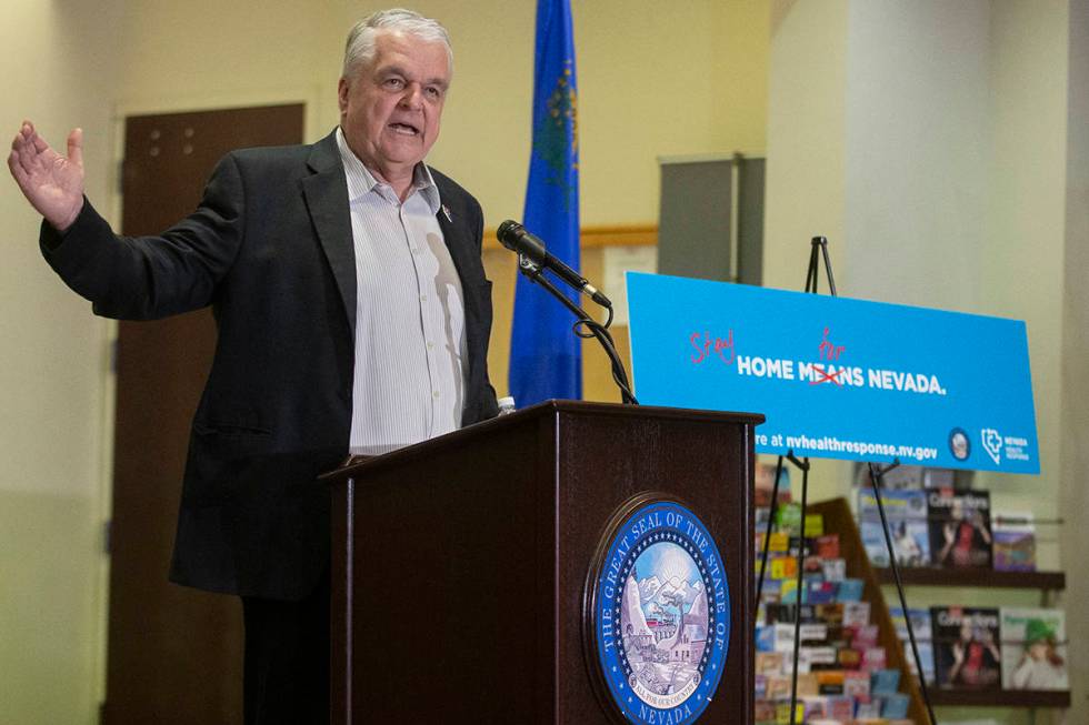 Gov. Steve Sisolak speaks during a press conference to announce the closure of all non-essentia ...