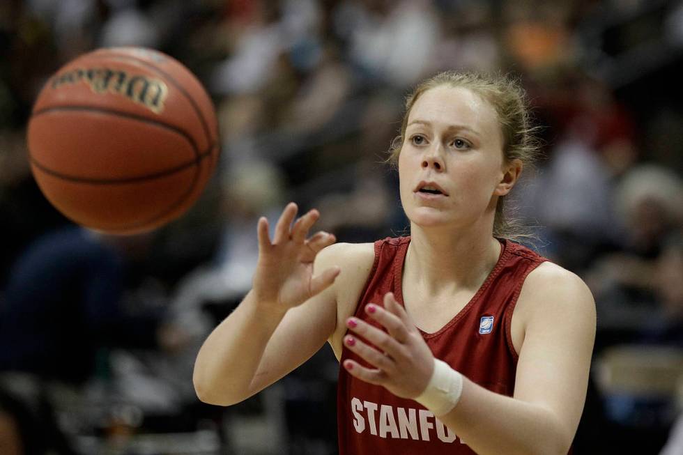 Stanford's Lindy La Rocque passes the ball during practice at the NCAA Women's Final Four colle ...