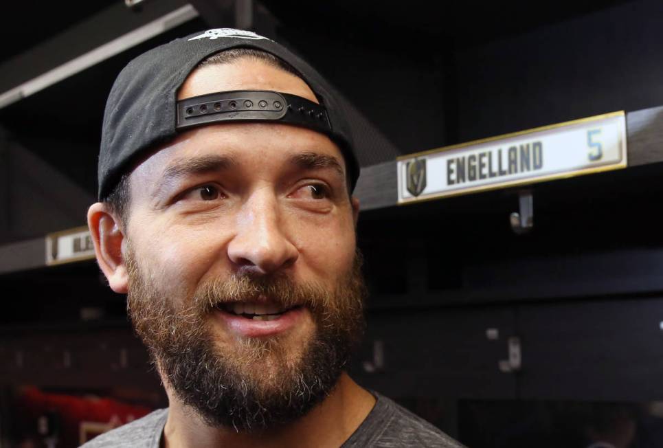 Golden Knights defenseman Deryk Engelland addresses the media at City National Arena on Thursda ...