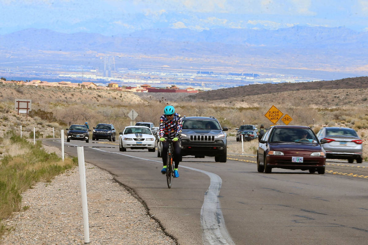 People make their way south on Route 159 at Red Rock Canyon in Las Vegas, Saturday, March 21, 2 ...