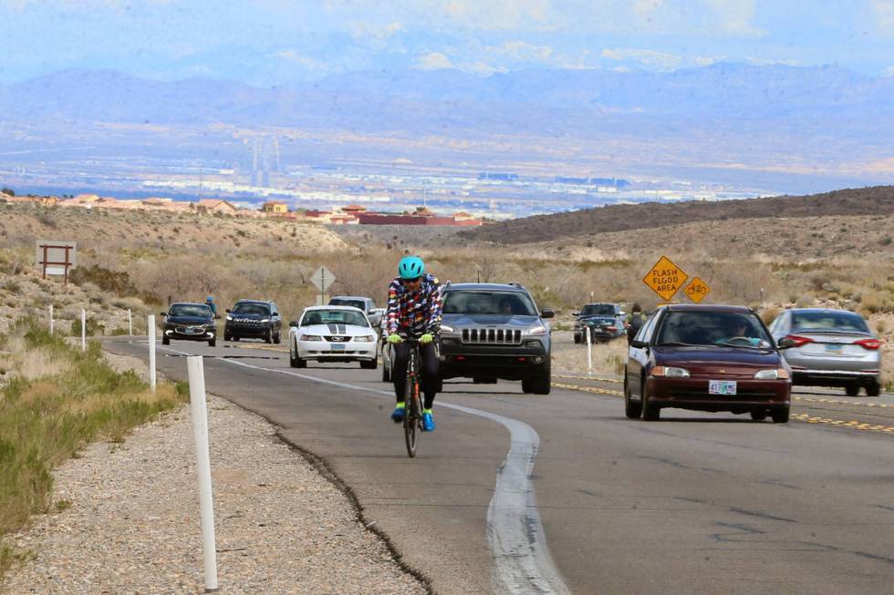 People make their way south on Route 159 at Red Rock Canyon in Las Vegas, Saturday, March 21, 2 ...