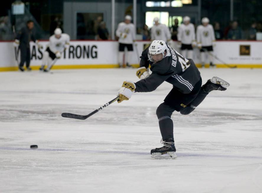 Vegas Golden Knights defender Peter Diliberatore shoots during the first day of development cam ...