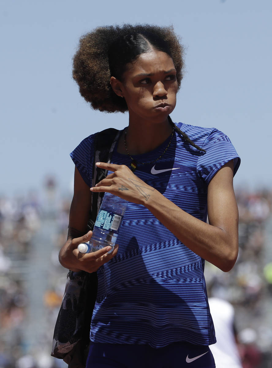 The United States' Vashti Cunningham walks off the track after competing in the women's high ju ...