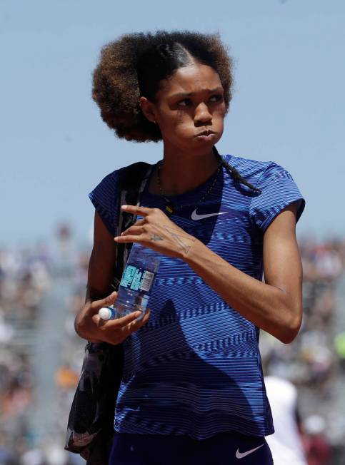 The United States' Vashti Cunningham walks off the track after competing in the women's high ju ...