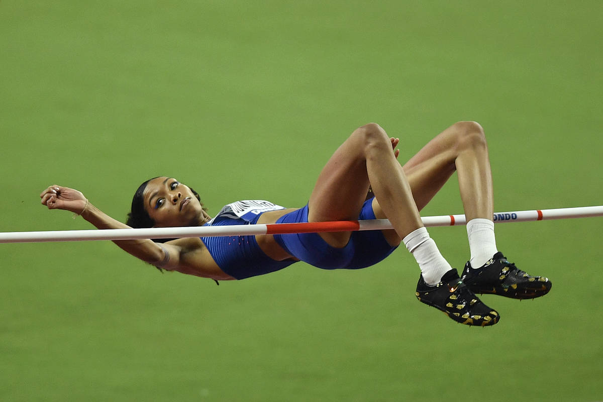 Vashti Cunningham, of the United States, makes an attempt in the women's high jump final during ...