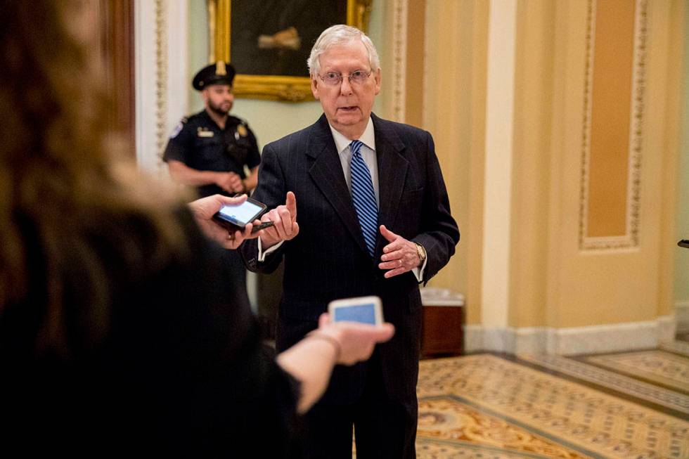 Senate Majority Leader Mitch McConnell of Ky. speaks to reporters outside the Senate chamber af ...