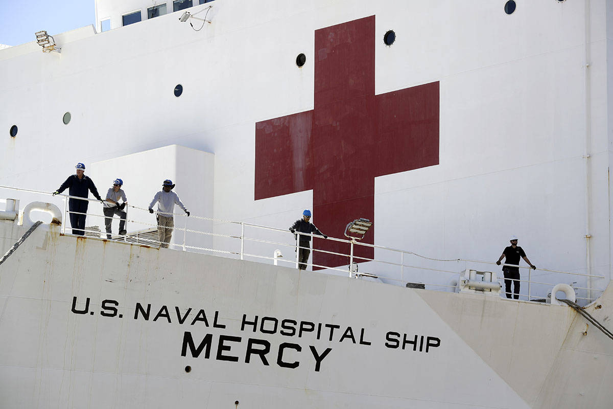The USNS Mercy hospital ship sits at dock before its departure Monday, March 23, 2020, in San D ...