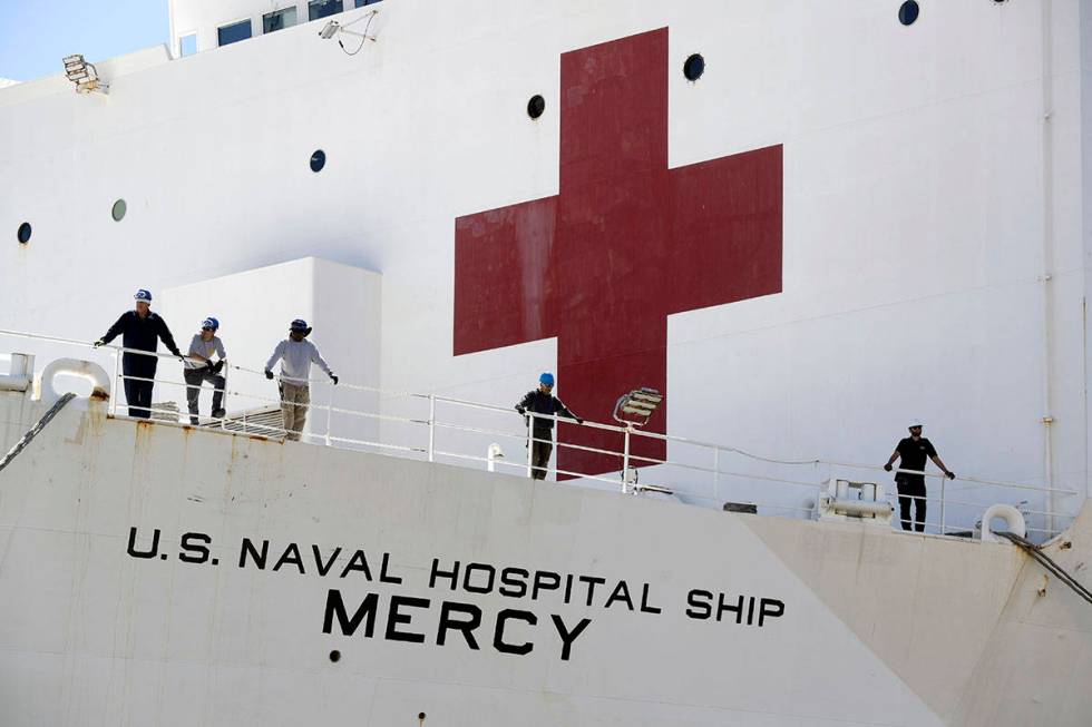 The USNS Mercy hospital ship sits at dock before its departure Monday, March 23, 2020, in San D ...