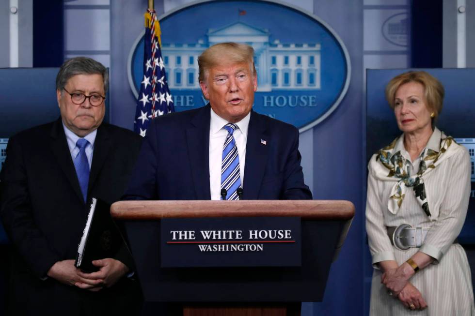 President Donald Trump speaks about the coronavirus in the James Brady Briefing Room, Monday, M ...