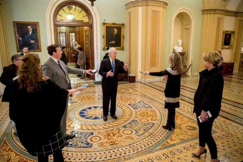 Senate Majority Leader Mitch McConnell of Ky. speaks to reporters outside the Senate chamber af ...