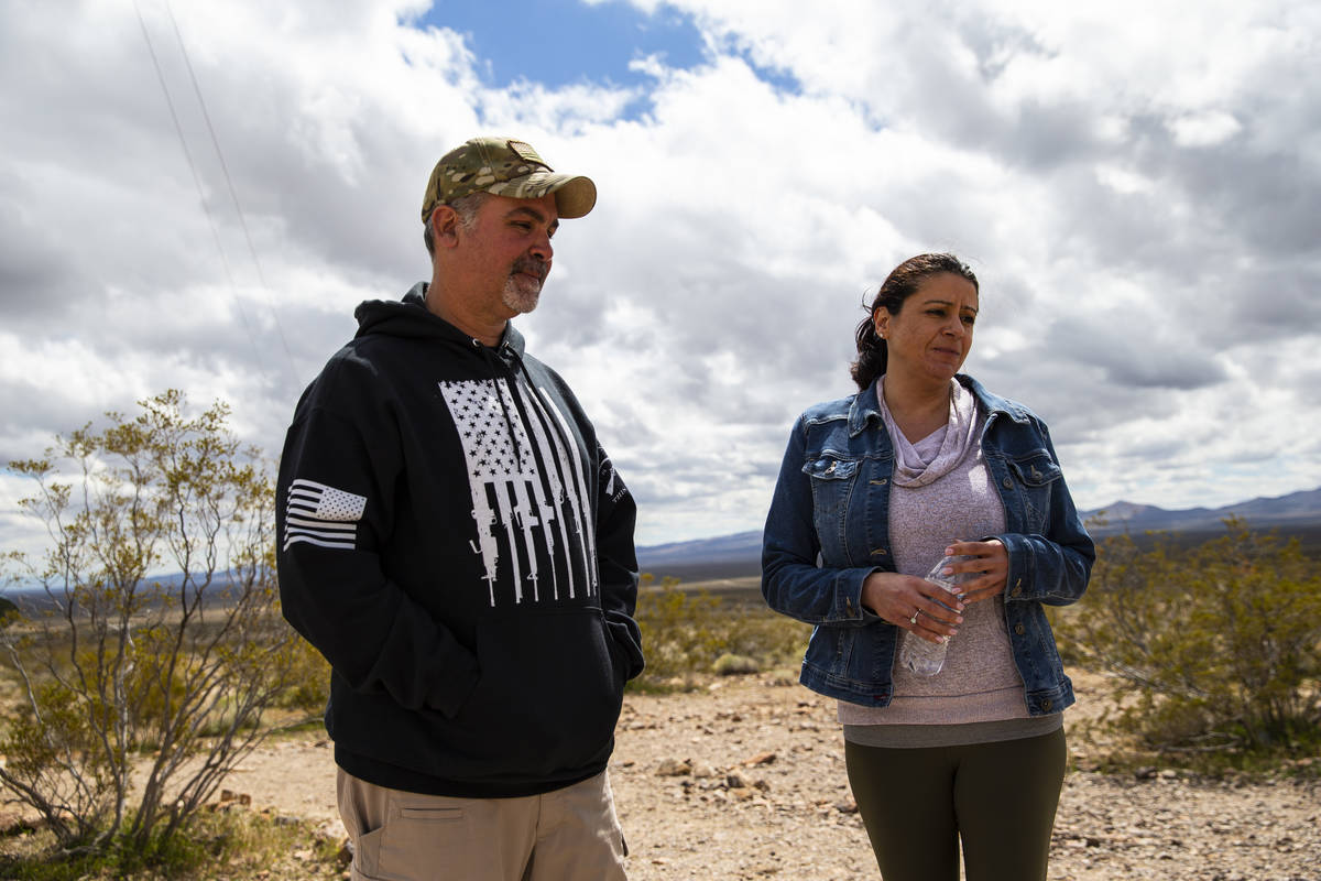 Bruce Emens, left, and Nadia Broadaway, of Henderson, visit the Goldwell Open Air Museum outsid ...