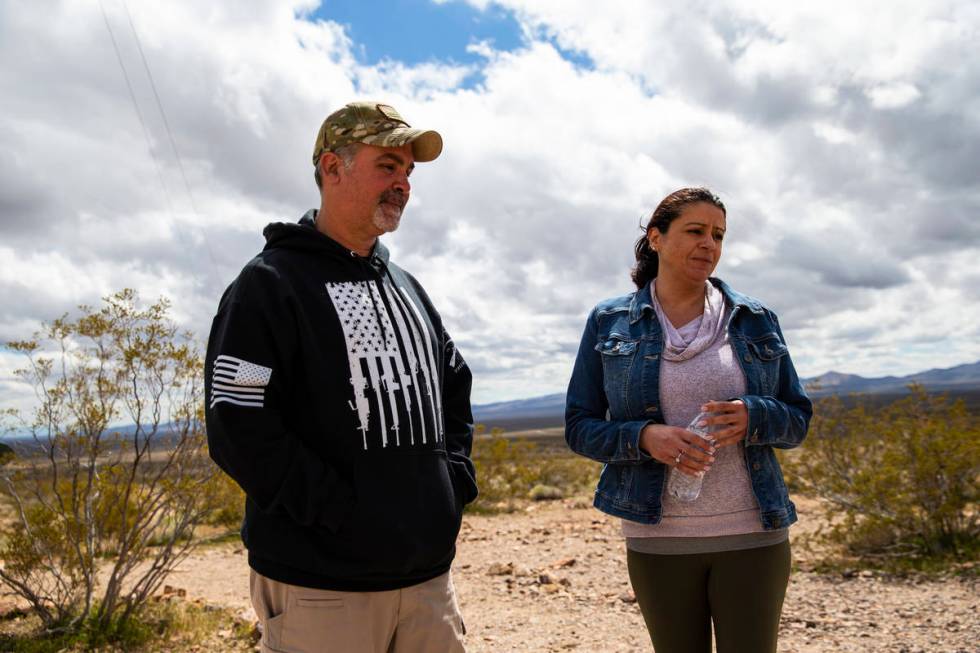 Bruce Emens, left, and Nadia Broadaway, of Henderson, visit the Goldwell Open Air Museum outsid ...