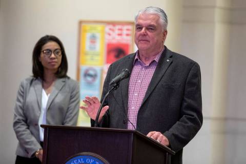Gov. Steve Sisolak gives remarks on the COVID-19 situation at the Sawyer Building on Sunday, Ma ...