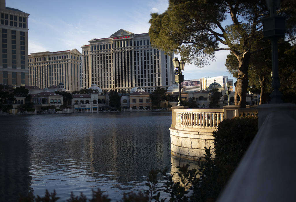 The Fountains of Bellagio are closed with Caesar's Palace in the background on Tuesday, March 2 ...