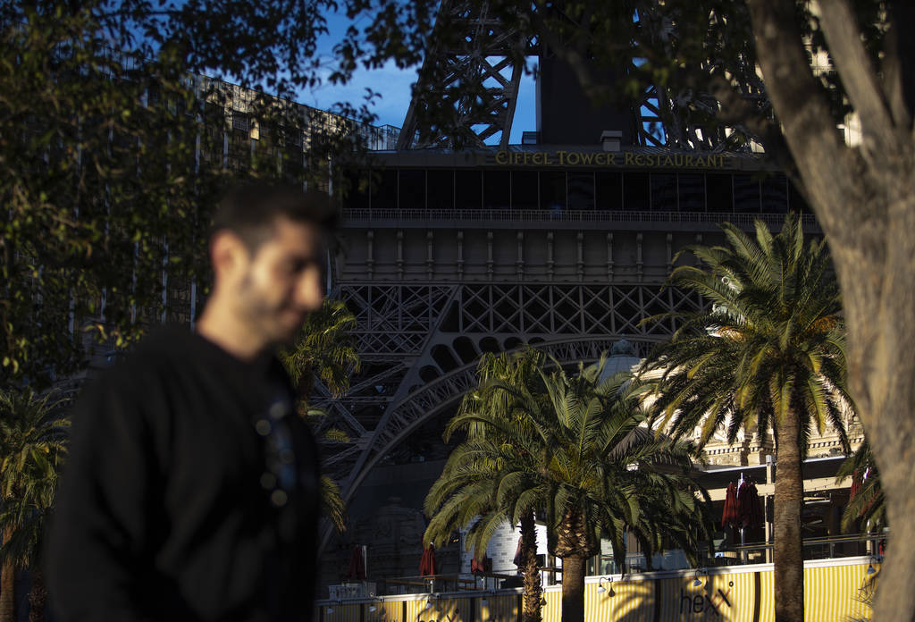 The sun sets on the Strip and Paris on Tuesday, March 24, 2020, in Las Vegas. (Ellen Schmidt/La ...