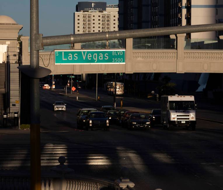 The sun sets Las Vegas Boulevard on the Strip on Tuesday, March 24, 2020, in Las Vegas. (Ellen ...