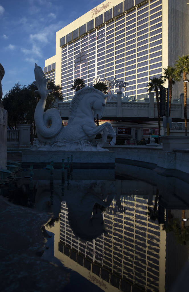 Flamingo reflects in the nearly empty fountain in front of Caesar's Palace on Tuesday, March 24 ...