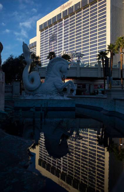 Flamingo reflects in the nearly empty fountain in front of Caesar's Palace on Tuesday, March 24 ...