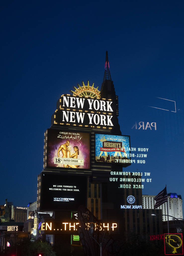 The New York New York marquee shows an MGM message on the Strip on Tuesday, March 24, 2020, in ...