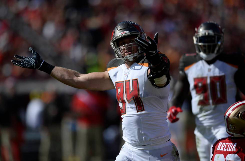 Tampa Bay Buccaneers defensive end Carl Nassib (94) after stopping San Francisco 49ers running ...