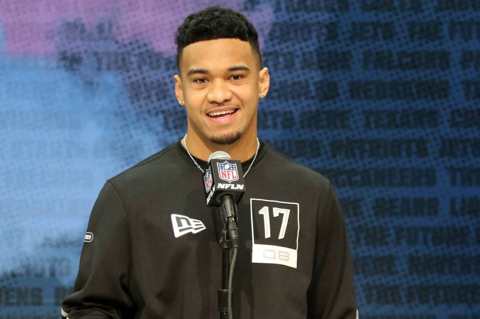 Alabama quarterback Tua Tagovailoa speaks at the NFL scouting combine at the Indianapolis Conve ...