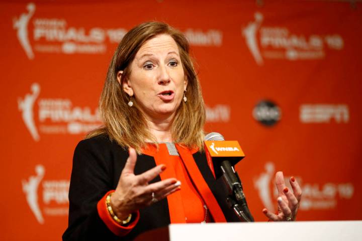WNBA Commissioner Cathy Engelbert speaks at a news conference before Game 1 of basketball's WNB ...