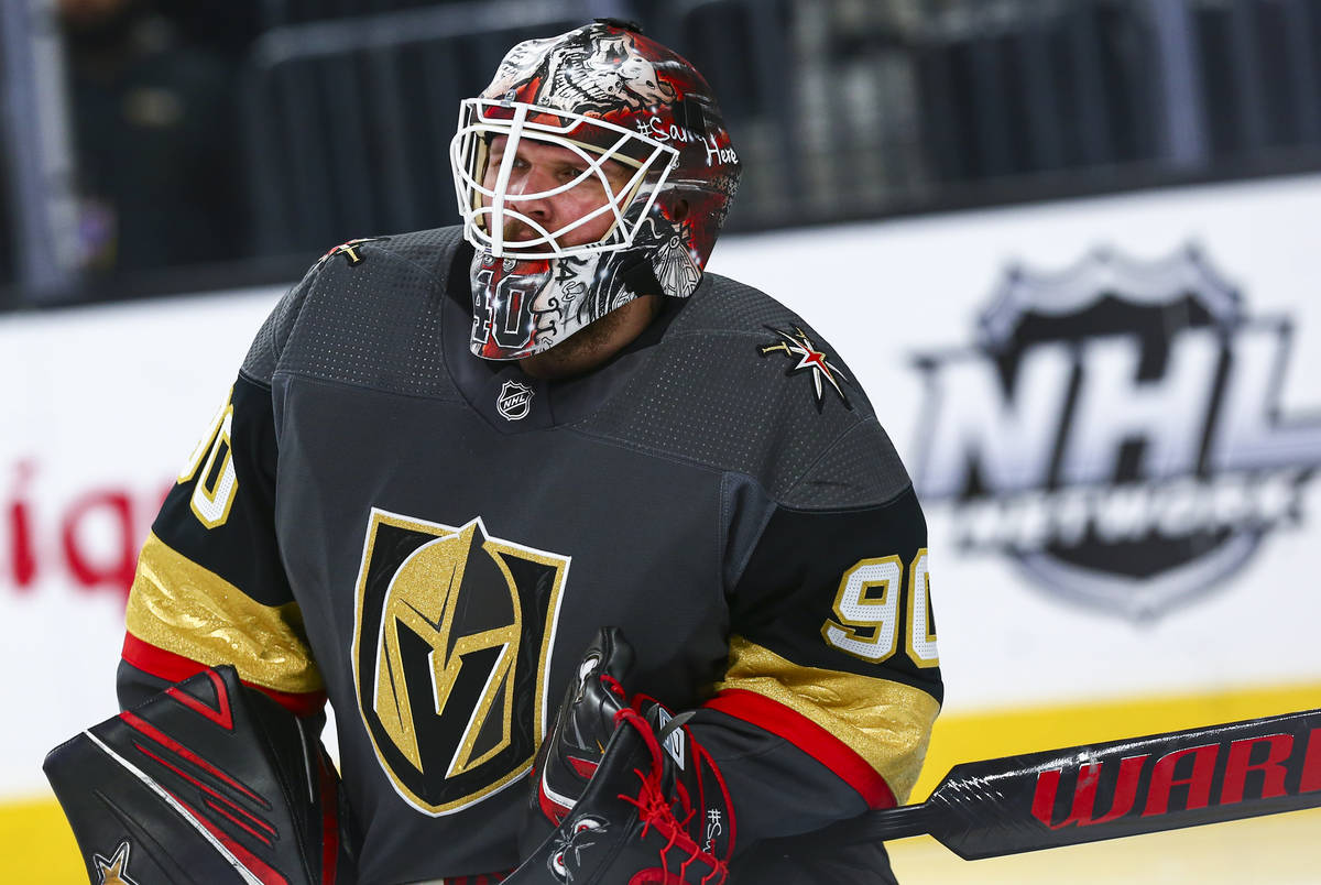 Golden Knights goaltender Robin Lehner (90) before the start of the second period of an NHL hoc ...