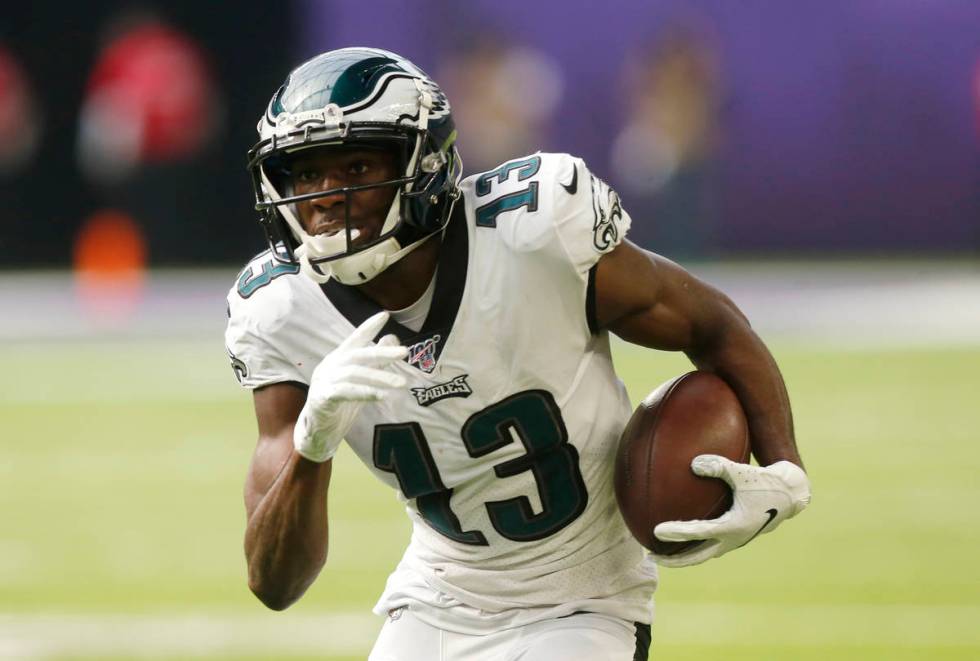 FILE - In this Oct. 13, 2019 file photo, Philadelphia Eagles wide receiver Nelson Agholor runs ...