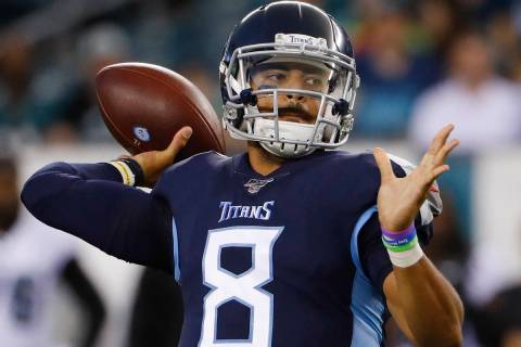 Tennessee Titans quarterback Marcus Mariota in action during a preseason NFL football game agai ...