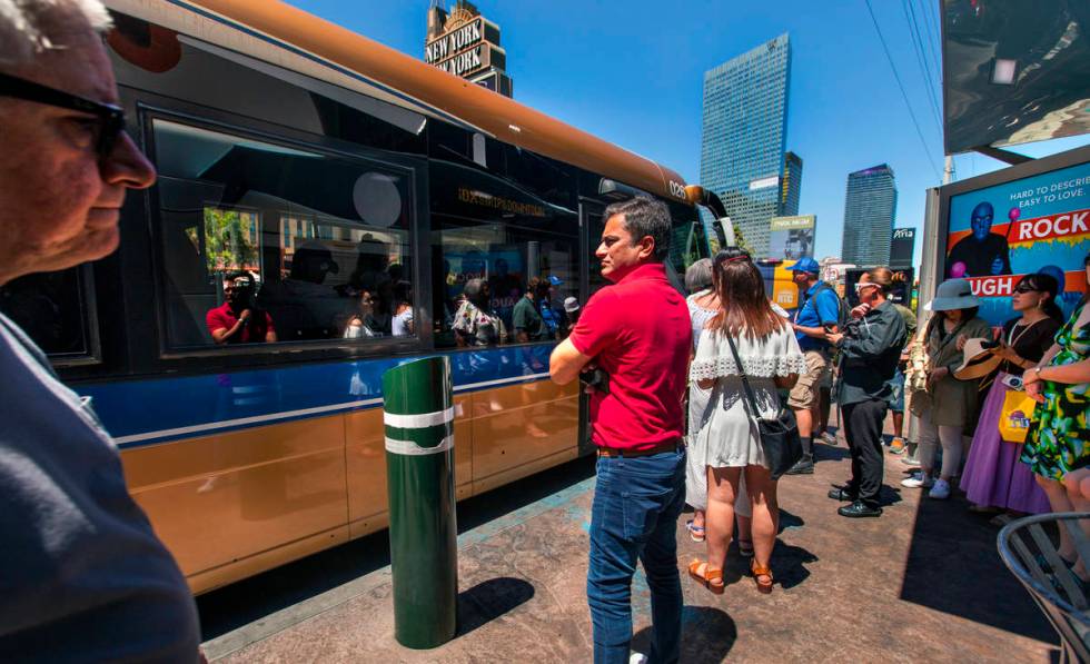 An RTC bus picks up passengers near the MGM Grand on the Strip on Tuesday, Aug. 13, 2019 in Las ...