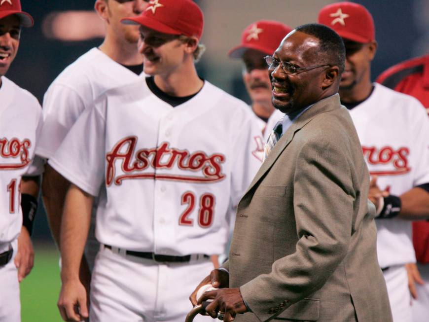 FILE - In this June 25, 2005, file photo, former Houston Astro Jimmy Wynn is joined by current ...