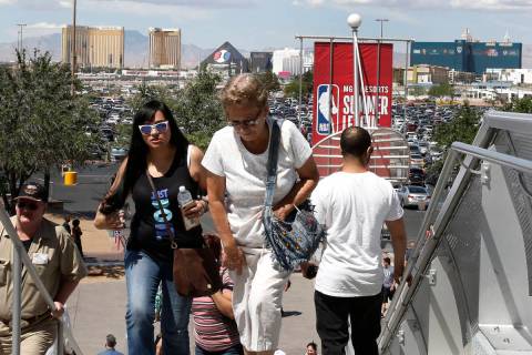 Culinary and bartender union workers arrive at the Thomas and Mack Center in Las Vegas on Tuesd ...