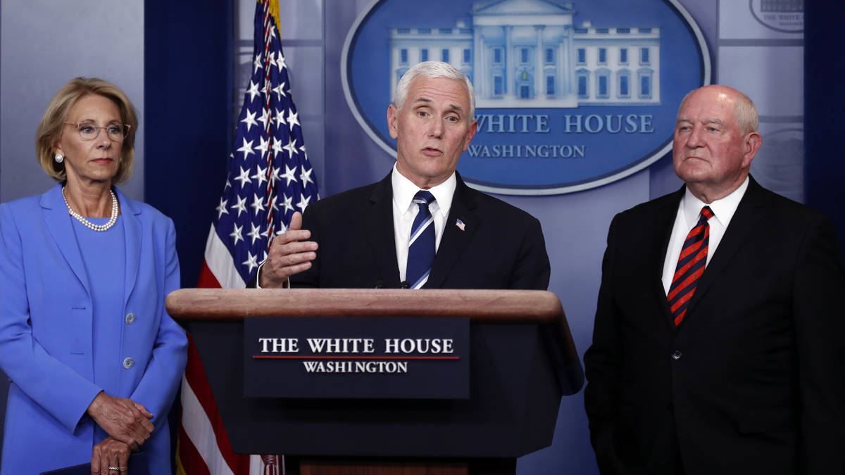 Vice President Mike Pence speaks about the coronavirus in the James Brady Press Briefing Room, ...