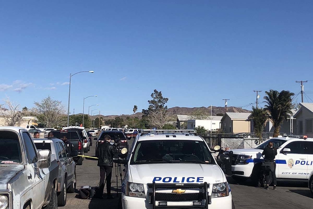 The Henderson Police Department investigates a homicide Friday afternoon, March 27, 2020, in a ...
