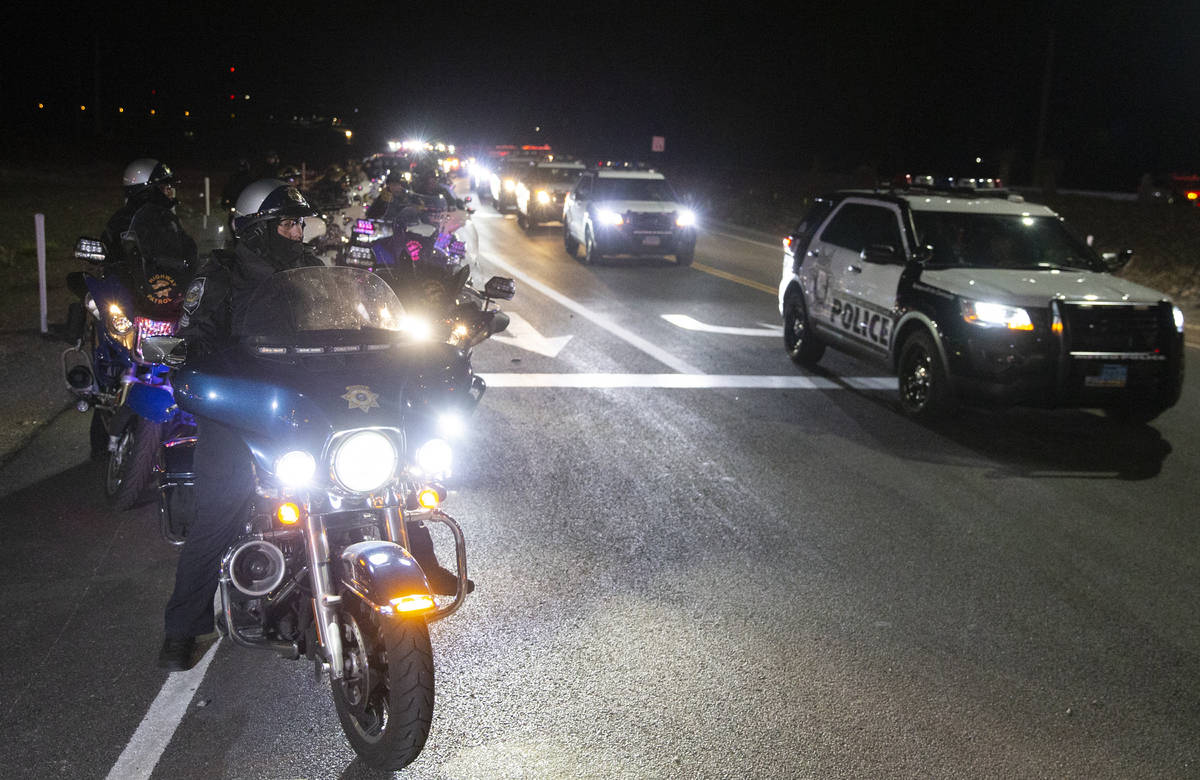 Members of law enforcement prepare to start the procession for Nevada Highway Patrol Sgt. Benja ...