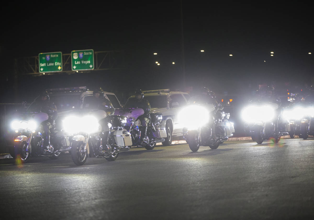 Members of law enforcement prepare to start the procession for Nevada Highway Patrol Sgt. Benja ...
