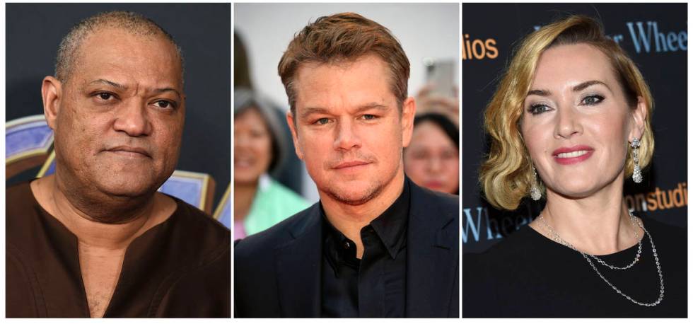 This combination photo shows actors, from left, Laurence Fishburne, Matt Damon and Kate Winslet ...