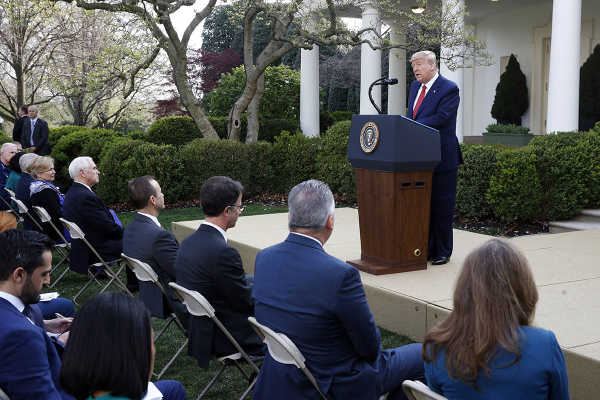 President Donald Trump speaks during a coronavirus task force briefing in the Rose Garden of th ...